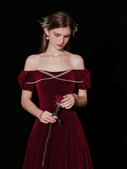 Red pearl embellished velvet maxi dress