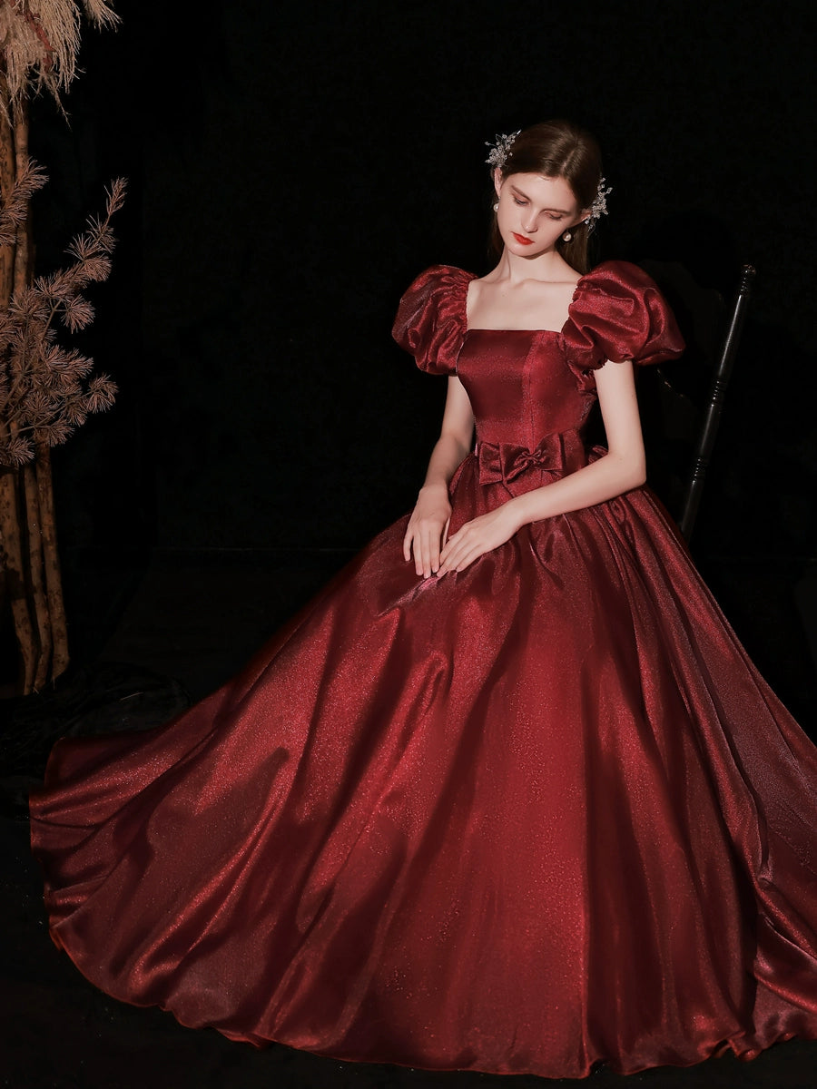 square neck puff short sleeve maxi dress in burgundy