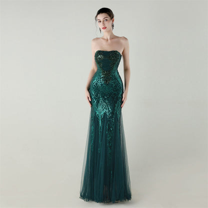 sequin strapless tulle maxi dress