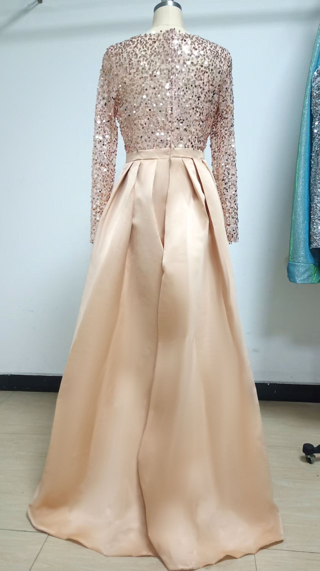 Satin Rose Gold Fishtail maxi dress in gold