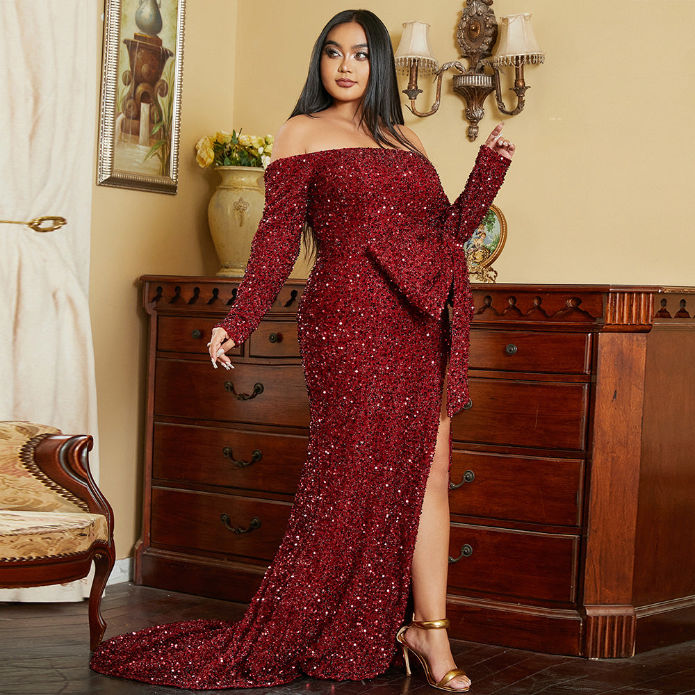 plus size bow sequin high slit starpless maxi dress