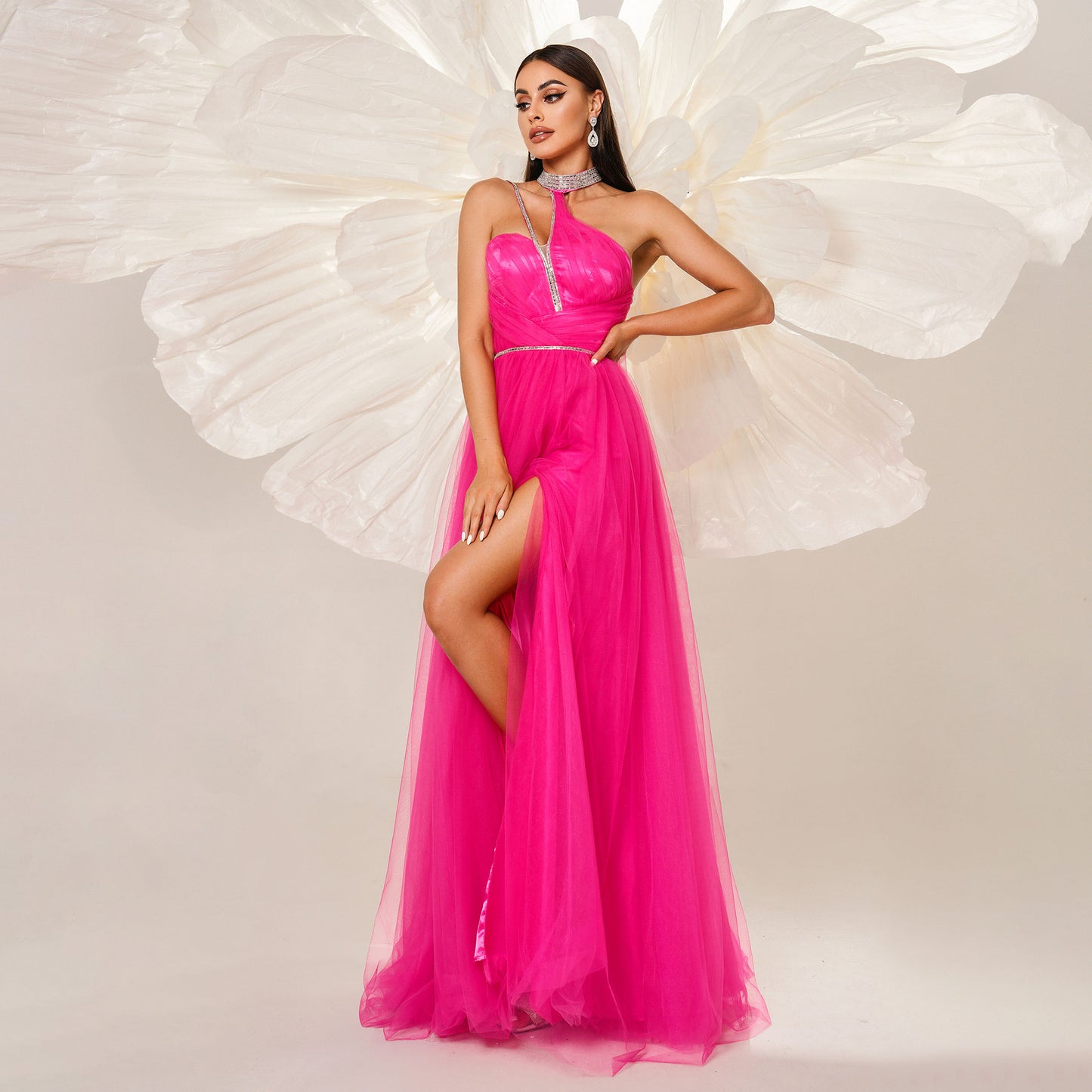 rhinestone detail halter tulle maxi dress in rose red