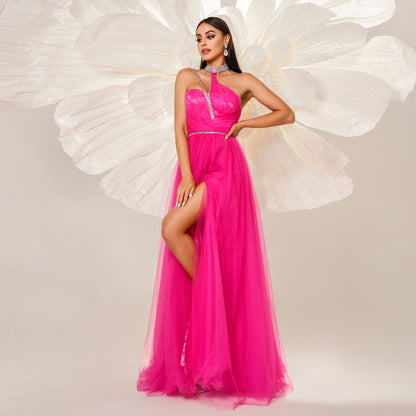 rhinestone detail halter tulle maxi dress in rose red