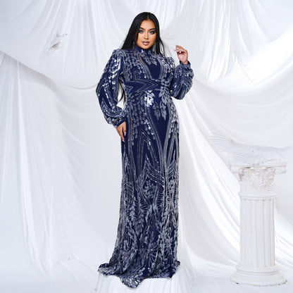 sequin patern long sleeve plus size maxi dress in dark blue
