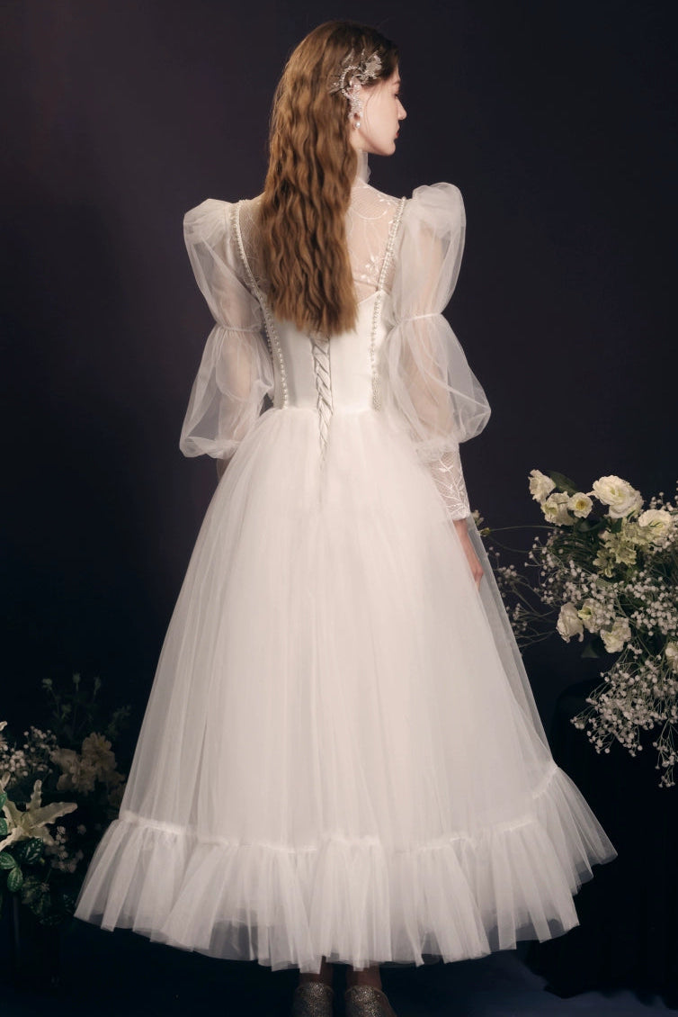satin tulle puff sleeve maxi dress in white