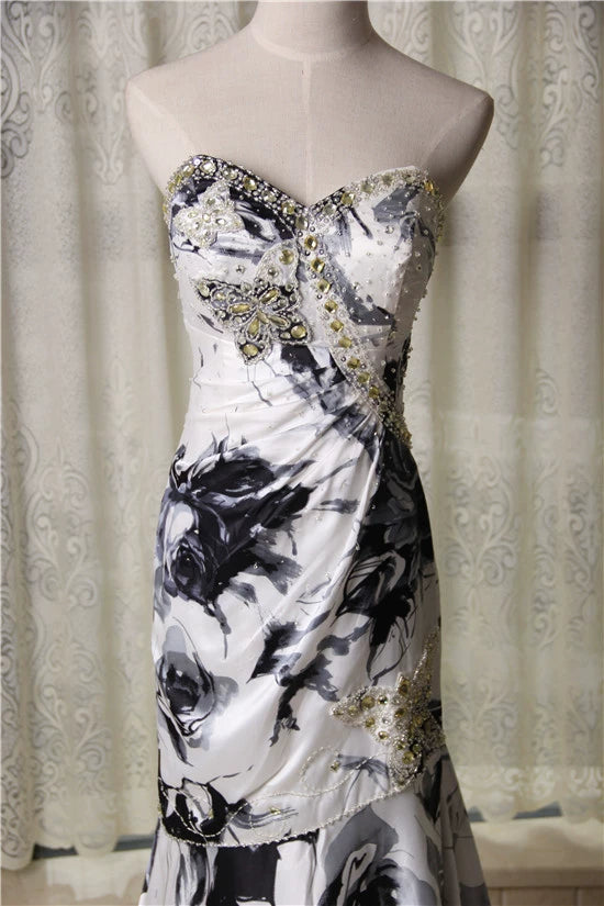 Elegant satin fishtail skirt with ink painting print