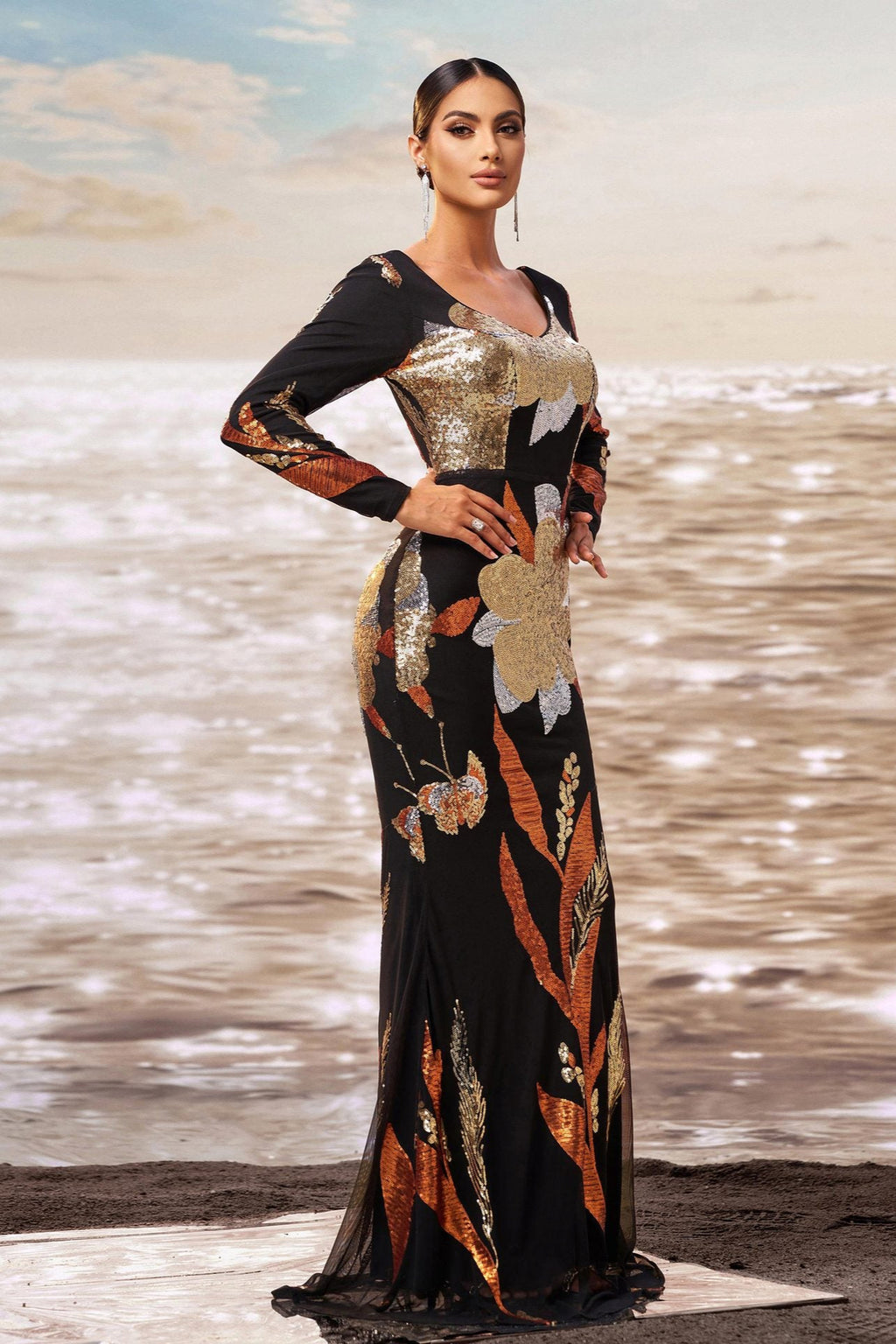 V-neck floral print bodycon sequined evening maxi dress - black/gold