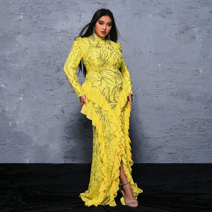 long sleeve sequin detail ruffle trim maxi dress in yellow