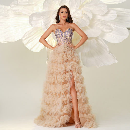 sequin embellished mesh flower hem strapless maxi dress