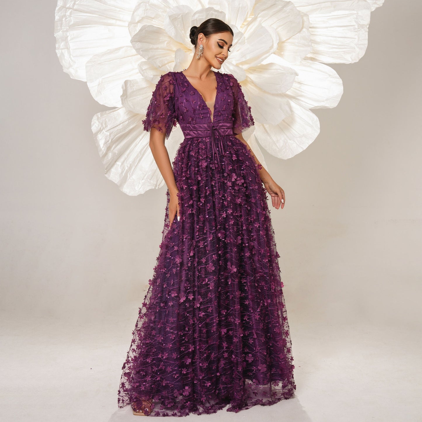 v-neck flower embroidery maxi dress in purple