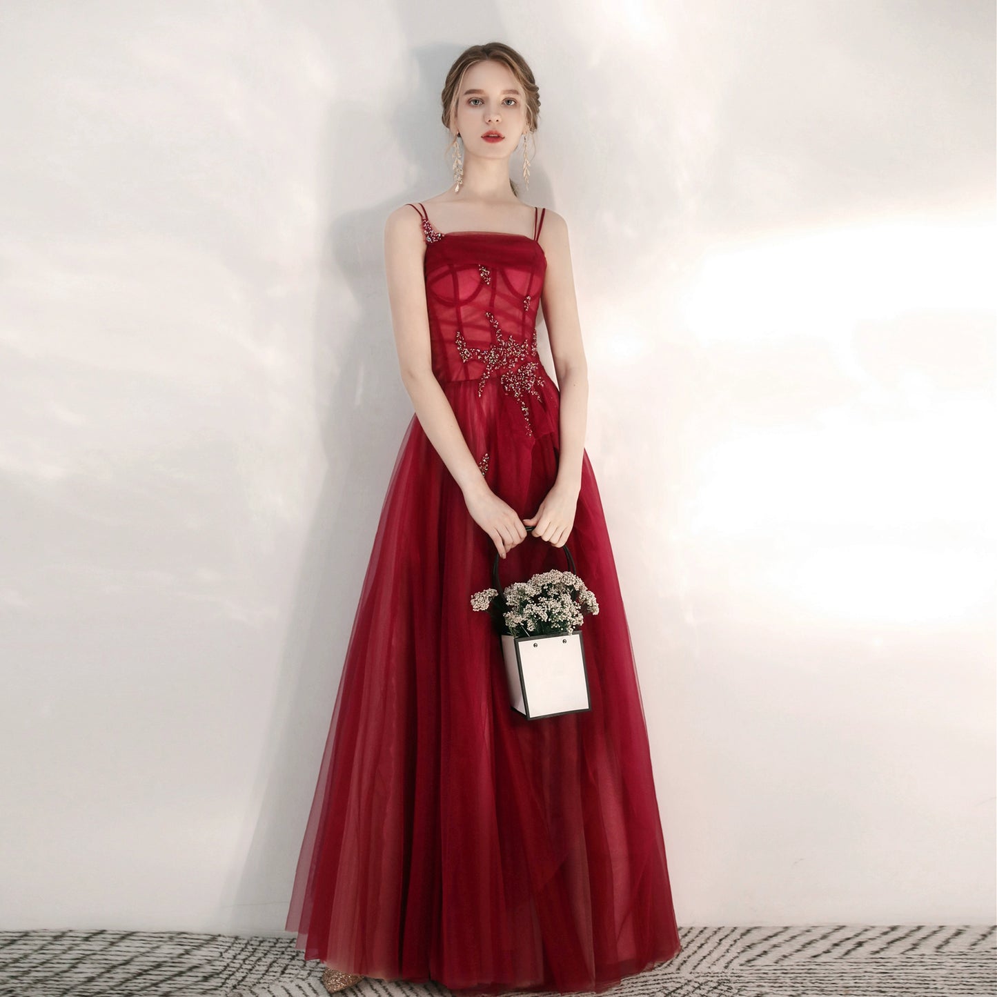 crystal applique maxi dress in burgundy