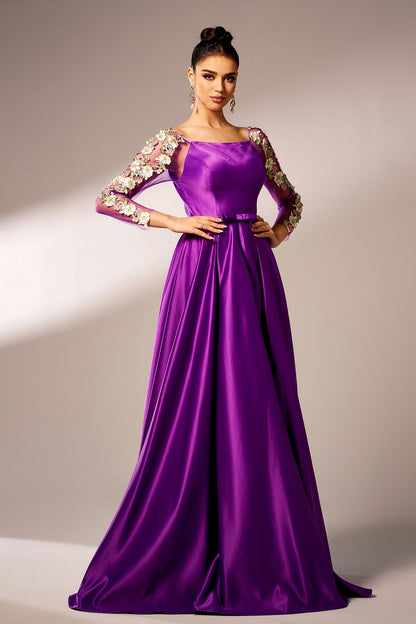 Appliqué fitted waist full skirt maxi dress in purple