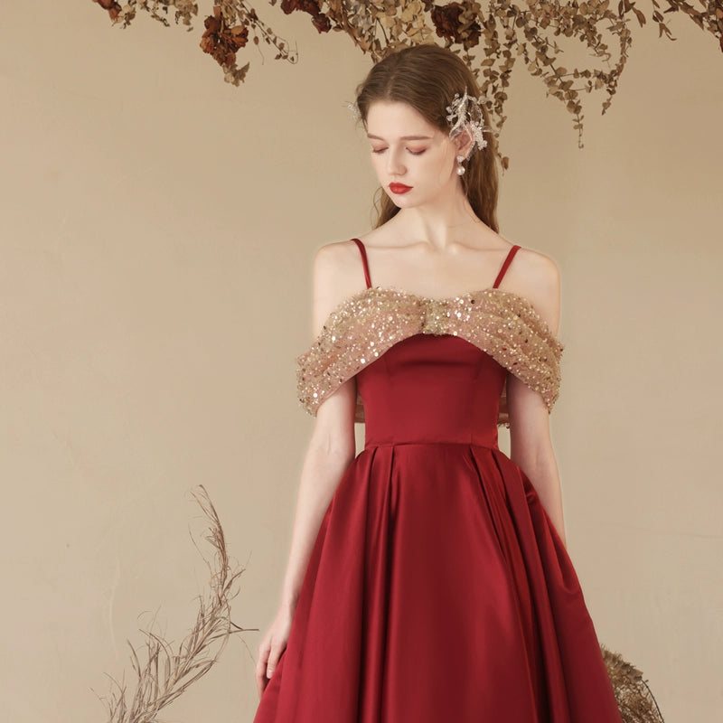off-shoulder sequin satin maxi dress in claret