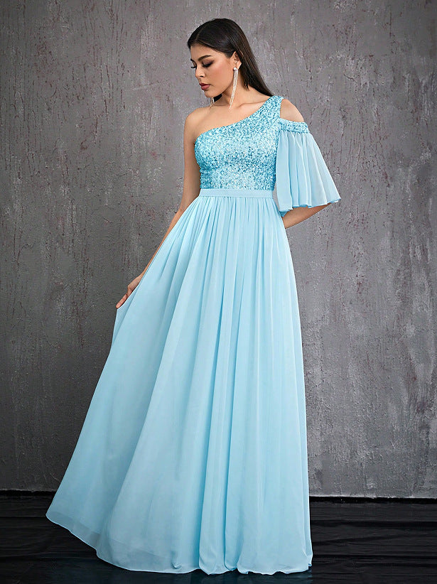 one shoulder sequin detail tulle maxi dress in blue