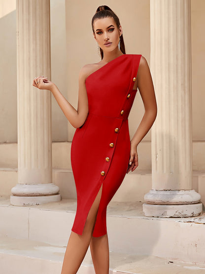 metal button embellished one shoulder mini dress