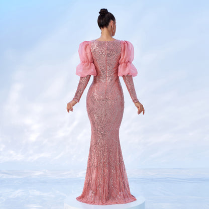 vivien sequin embellished puff sleeve bodycon maxi dress in pink