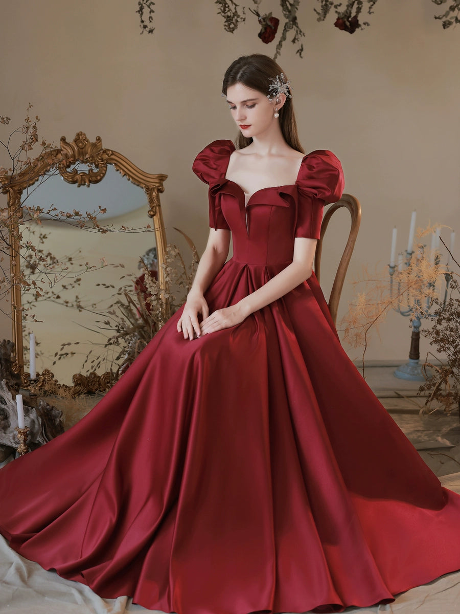 v-neck puff sleeve satin maxi dress in claret
