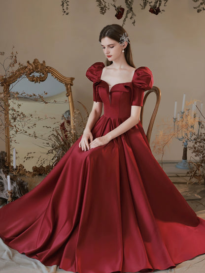 v-neck puff sleeve satin maxi dress in claret