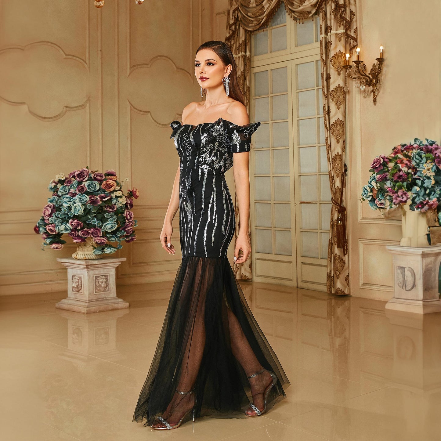 black Off-the-shoulder long sequined fishtail maxi dress