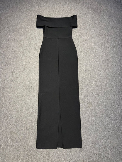 laurel Off-shoulder rhinestone bandage maxi dress in black