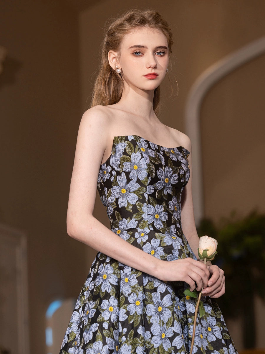 lulu blue-black floral print strapless maxi dress