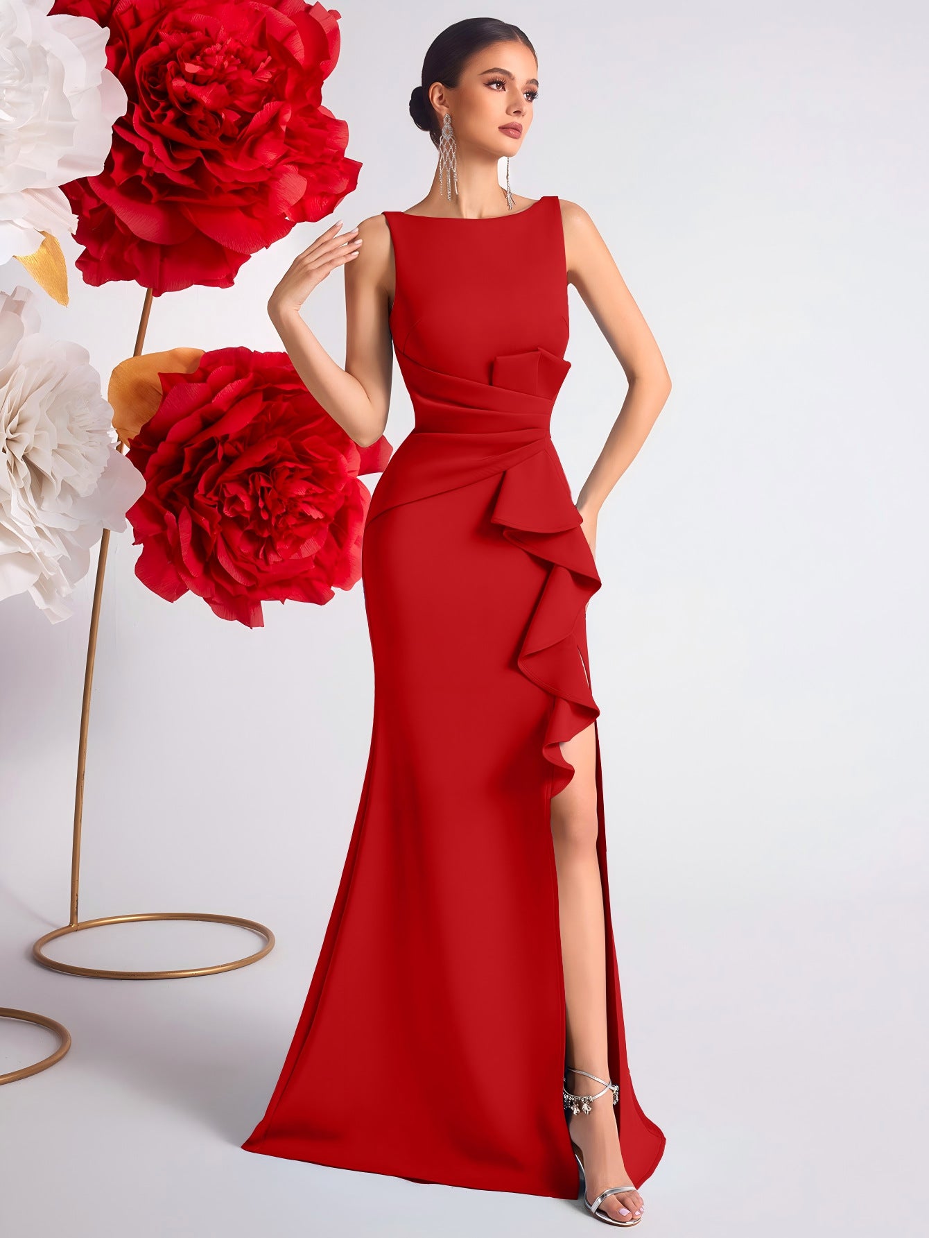 high slit Pleated evening maxi dress