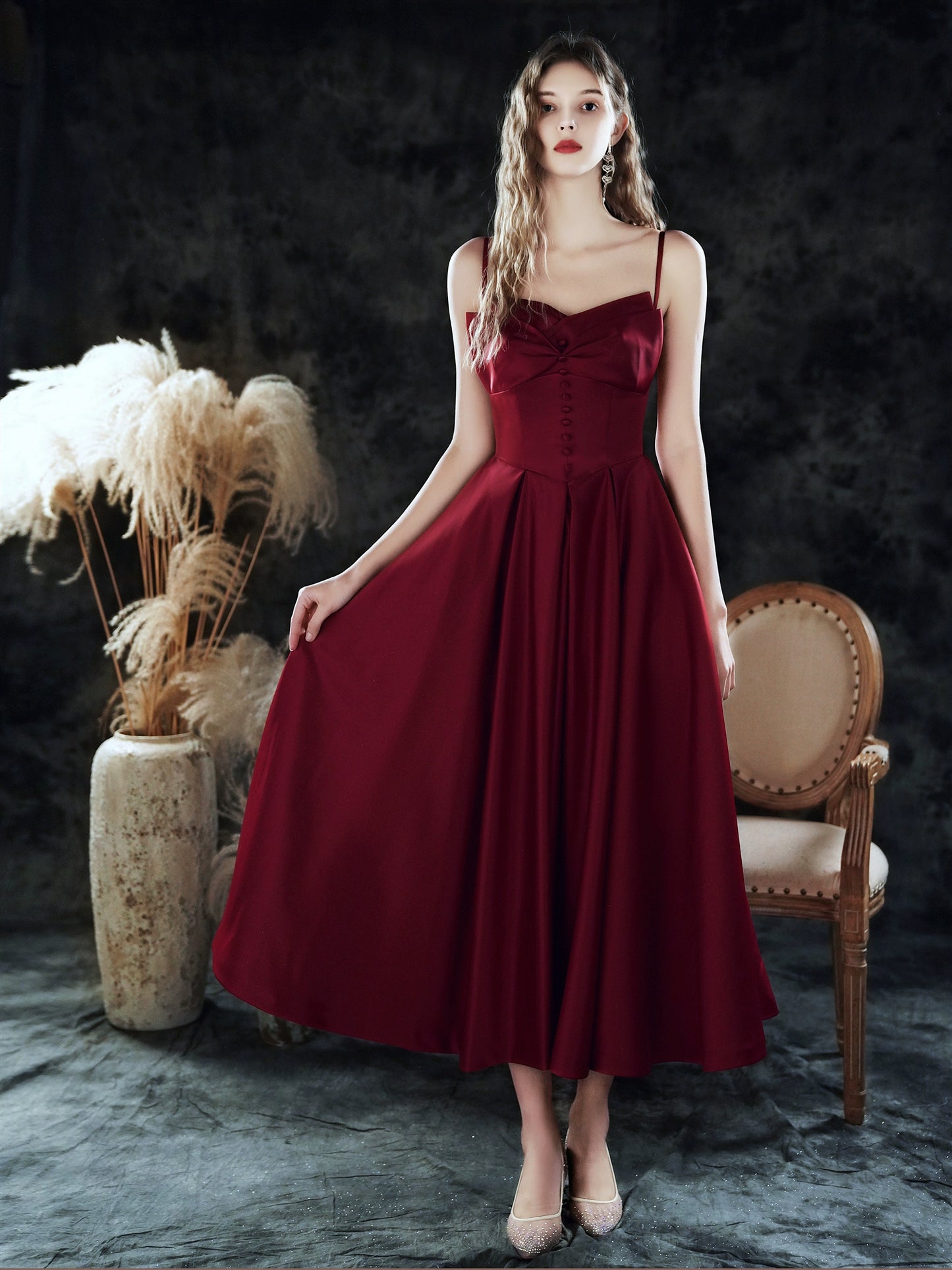 carol bow satin maxi dress in burgundy