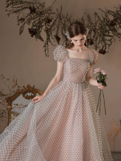 polka dots puff short sleeve midi dress in pink white