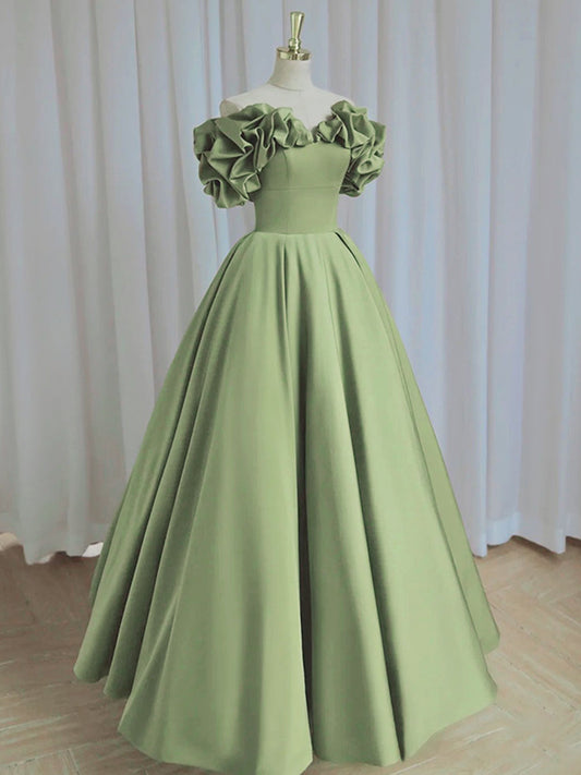 A-Line off Shoulder Satin Green Long Prom Dress