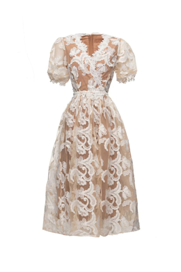 alisa mesh embroidered puff sleeves midi dress in beige