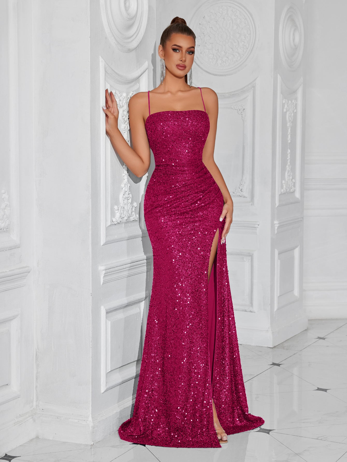 erica sequin pleated slim maxi dress