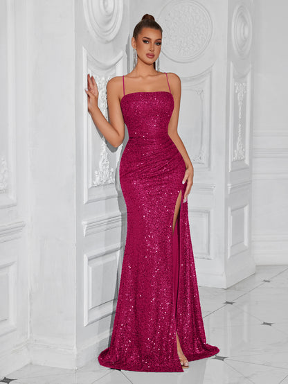 erica sequin pleated slim maxi dress