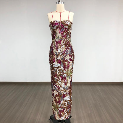 vivien fireworks pattern sequin embroidery strapless maxi dress