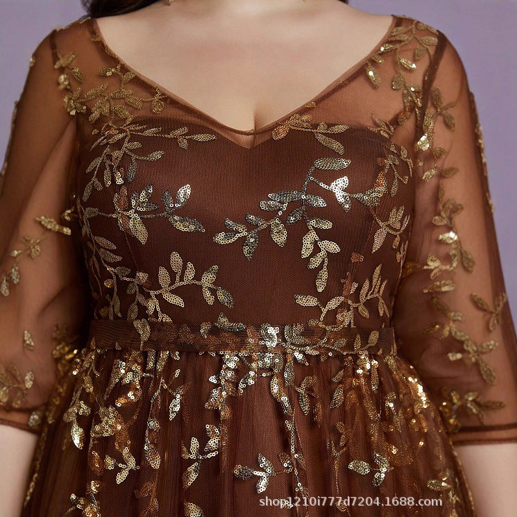 v neck sequin print long sleeve maxi dress in brown