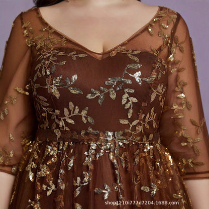 v neck sequin print long sleeve maxi dress in brown