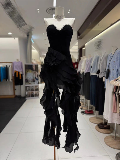 sabrina Ruffle Crystal strapless midi dress in black