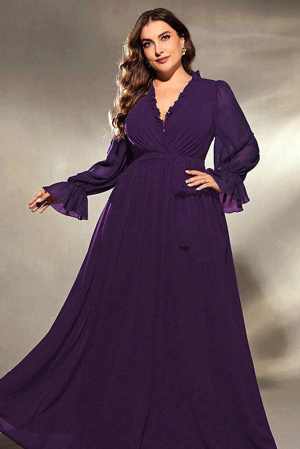 lantern sleeve v ncek maxi dress in purple