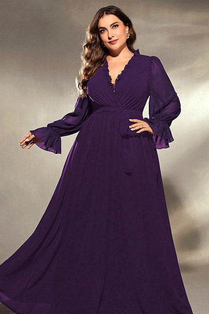 lantern sleeve v ncek maxi dress in purple