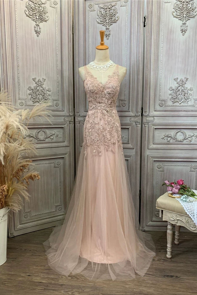 Apricot-colored organza embroidered double-shoulder long evening dress