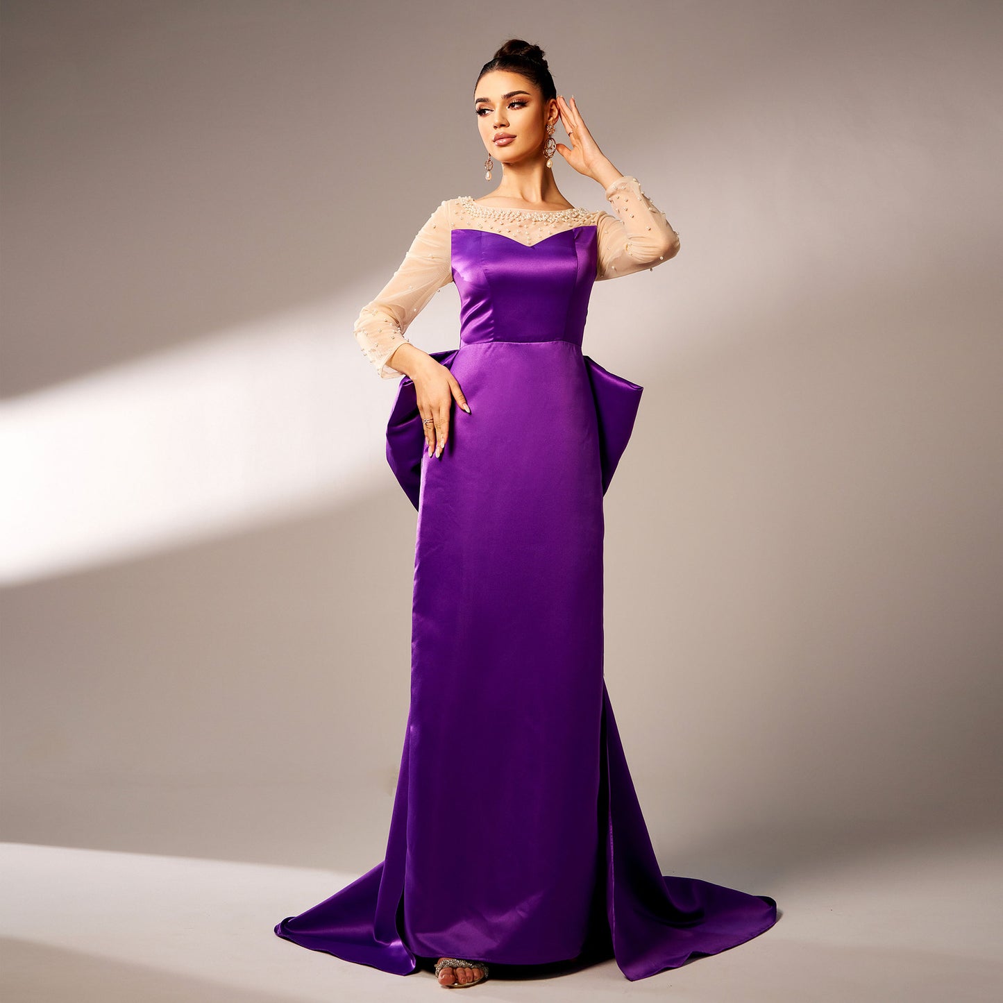 pearl embellished satin back bow detail maxi dress in purple