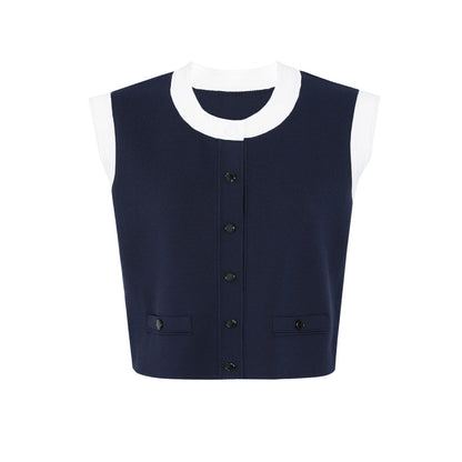 lyuba Two Tone Cropped Sleeveless Cardigan & Knit Skirt