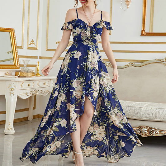 viven floral print ruffle satin maxi dress in blue