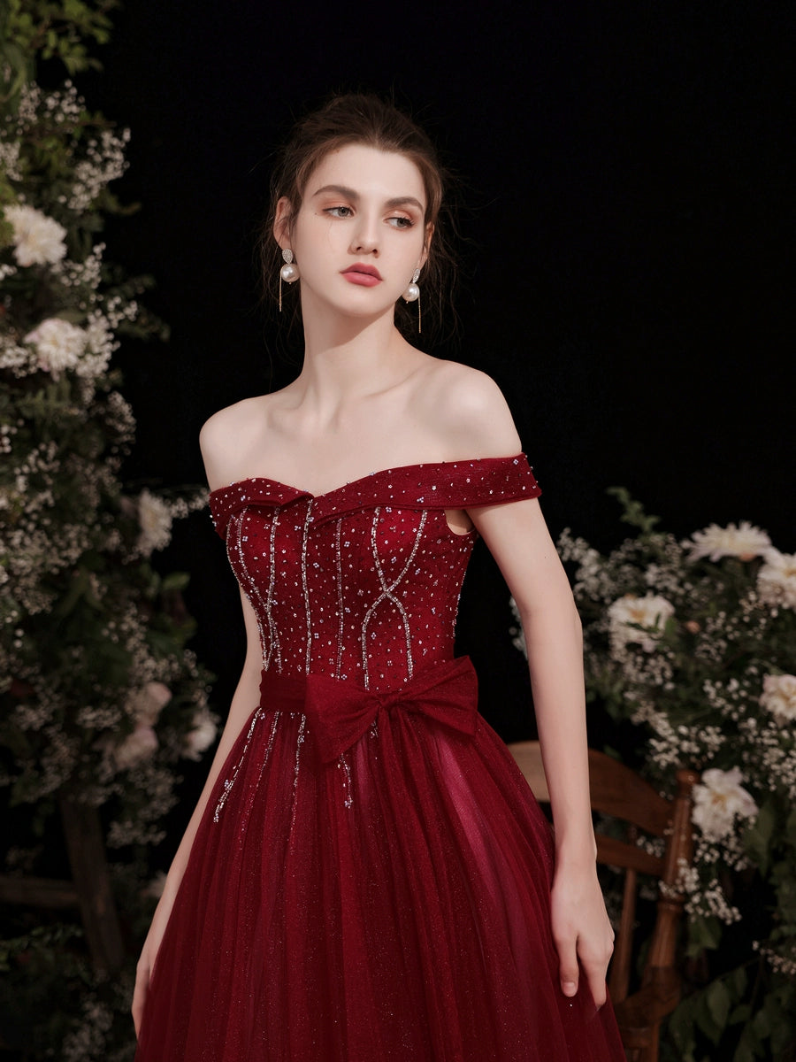 lily off-shoulder sequin maxi dress in Claret