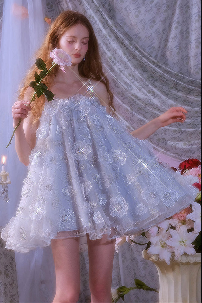 Tutu Light Blue Sleeveless Flower Diamond Short Doll Dress