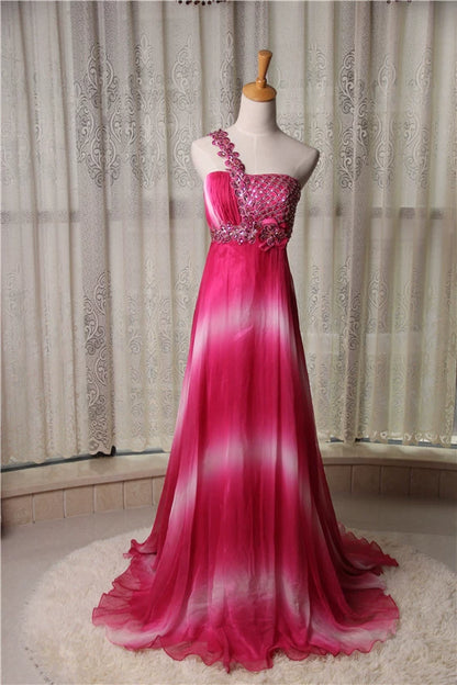 Rose red chiffon gradient one-shoulder evening dress