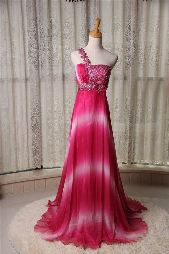 Rose red chiffon gradient one-shoulder evening dress