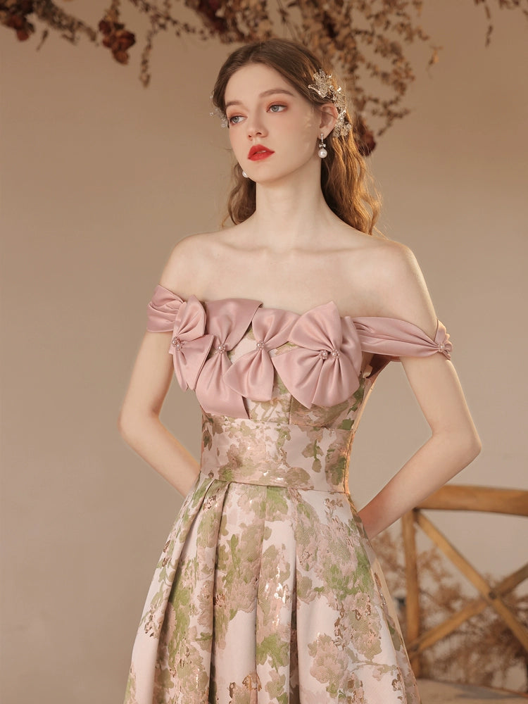 off-shoulder floral print bow satin maxi dress in pink