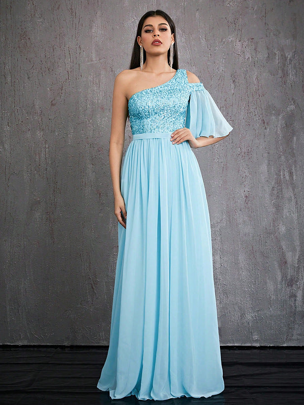 one shoulder sequin detail tulle maxi dress in blue