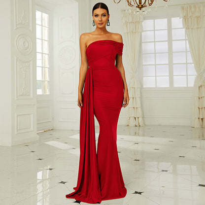 off shoulder pleated ribbon strapless maxi dress in green