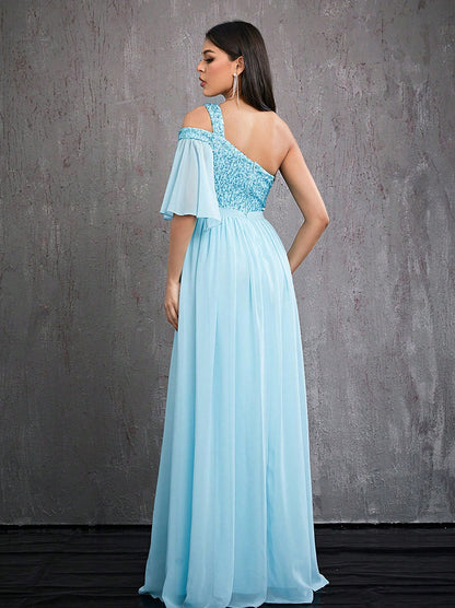 one shoulder sequin detail tulle maxi dress in blue